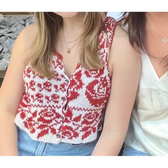 Free People Red and White Knit Button-Up Vest - Picture 3 of 5